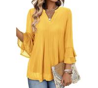 KISSMODA Womens Dressy 3/4 Tiered Bell Sleeve Blouses V Neck Shirts Double Layered Mesh Casual Work Tunic Tops A Yellow