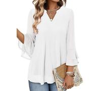 KISSMODA Womens Dressy 3/4 Tiered Bell Sleeve Blouses V Neck Shirts Double Layered Mesh Casual Work Tunic Tops A White