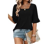 KISSMODA Womens Half Sleeve Tunic Tops Summer Square Neck Blouses Dressy Ruffle Sleeve Casual Shirts for Leggings A Black