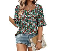 KISSMODA Womens Half Sleeve Tunic Tops Summer Square Neck Blouses Dressy Ruffle Sleeve Casual Shirts for Leggings