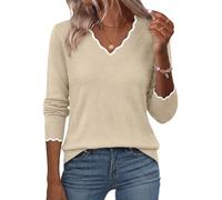 KISSMODA Womens Jumper V Neck Long Sleeve Lightweight Fall Pullover Jumpers | Lightweight Ribbed Knit Tops, Contrast Scallop Trim Jumper, Trendy Fall Winter Sweater