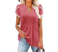 KISSMODA Womens Petal Sleeve V Neck Tops Pleated Loose Fit Shirts Blouses Summer Clothes A Pink