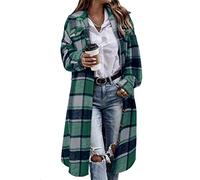 KISSMODA Womens Plaid Shacket Jacket Long Corduroy Shirts Casual Lapel Button Down Flannel Trench Coats with Side Pockets