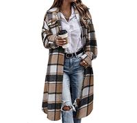 KISSMODA Womens Plaid Shacket Jacket Long Corduroy Shirts Casual Lapel Button Down Flannel Trench Coats with Side Pockets A Brown