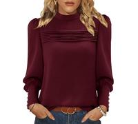 KISSMODA Womens Puff Long Sleeve Mock Neck Blouses Pleated Front Shirts Basic Trendy Dressy Tunic Tops Solid Color Fall Outfits with Button Cuff Dark Red