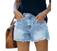 KISSMODA Womens Ripped Denim Shorts Ladies High Waist Summer Button Wash Denim Short Raw Hem Hot Pants Trendy Jean Pant