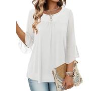 KISSMODA Women's Ruffle 3/4 Sleeve Blouses Double Layers Mesh Tunic Tops Crew Neck Dressy Elegant Pleated Front Shirts for Ladies B White