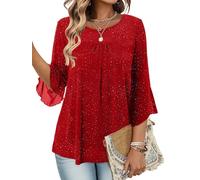 KISSMODA Women's Ruffle 3/4 Sleeve Blouses Double Layers Mesh Tunic Tops Crew Neck Dressy Elegant Pleated Front Shirts for Ladies B Red