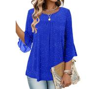 KISSMODA Women's Ruffle 3/4 Sleeve Blouses Double Layers Mesh Tunic Tops Crew Neck Dressy Elegant Pleated Front Shirts for Ladies B Blue