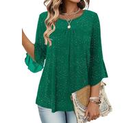 KISSMODA Women's Ruffle 3/4 Sleeve Blouses Double Layers Mesh Tunic Tops Crew Neck Dressy Elegant Pleated Front Shirts for Ladies B Green
