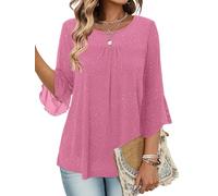 KISSMODA Women's Ruffle 3/4 Sleeve Blouses Double Layers Mesh Tunic Tops Crew Neck Dressy Elegant Pleated Front Shirts for Ladies B Pink