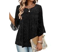 KISSMODA Women's Ruffle 3/4 Sleeve Blouses Double Layers Mesh Tunic Tops Crew Neck Dressy Elegant Pleated Front Shirts for Ladies
