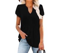 KISSMODA Womens Summer Tops Short Petal Sleeve Blouses for Ladies Pleated V Neck Shirts Basic Clothes A Black