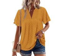KISSMODA Womens Tops Butterfly Sleeve V Neck Blouses Swiss Dot Ruffle Short Sleeve Shirts Basic Trendy Solid Color Clothes A Yellow