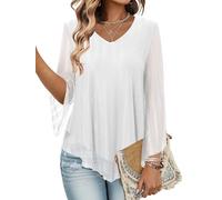 KISSMODA Womens V Neck Dressy Blouses Double Layers Mesh Shirts Ruffle 3/4 Flared Sleeve Tunic Tops White