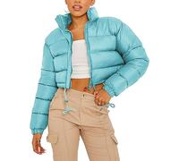 Kissonic Women's Cropped Puffer Jacket Full Zip Stand Collar Quilted Jacket Winter Coats with Pockets, Sky Blue, M