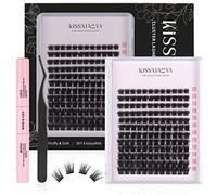 KISSXIAOYA Cluster Eyelash Extensions Kit, DIY Lashes Extension Kit with Lash Bond & Seal and Applicator, 144 Pcs 0.10mm 56D 9-15mm Mixed Wide-stem Lash, Individual at Home