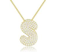KissYan Bubble Letter Necklace, 14K Gold Plated Balloon Initial Pendant Box Chain Necklace Dainty Pave CZ Jewelry Gift for Women(Gold S)