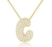KissYan Bubble Letter Necklace, 14K Gold Plated Balloon Initial Pendant Box Chain Necklace Dainty Pave CZ Jewelry Gift for Women(Gold C)