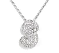 KissYan Bubble Letter Necklace Silver, White Gold Plated Balloon Initial Pendant Box Chain Necklace Dainty Pave CZ Jewelry Gift for Women Girls(Silver S)