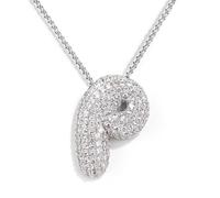 KissYan Bubble Letter Necklace Silver, White Gold Plated Balloon Initial Pendant Box Chain Necklace Dainty Pave CZ Jewelry Gift for Women Girls(Silver P)