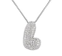 KissYan Bubble Letter Necklace Silver, White Gold Plated Balloon Initial Pendant Box Chain Necklace Dainty Pave CZ Jewelry Gift for Women Girls(Silver L)