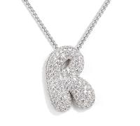 KissYan Bubble Letter Necklace Silver, White Gold Plated Balloon Initial Pendant Box Chain Necklace Dainty Pave CZ Jewelry Gift for Women Girls(Silver R)