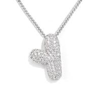 KissYan Bubble Letter Necklace Silver, White Gold Plated Balloon Initial Pendant Box Chain Necklace Dainty Pave CZ Jewelry Gift for Women Girls(Silver Y)