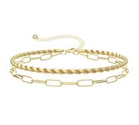 KissYan Gold Bracelets for Women, Dainty 14K White Gold Plated Layered Paperclip Tiny Pearl Cuban Link Chain Bracelet Set Adjustable Cute Trendy Jewelry Gift(G-paperclip rope)