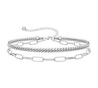 KissYan Gold Bracelets for Women, Dainty 14K White Gold Plated Layered Paperclip Tiny Pearl Cuban Link Chain Bracelet Set Adjustable Cute Trendy Jewelry Gift(W-cuban paperclip)