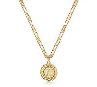KissYan Gold Initial Necklace for Women Girls 14K Gold Plated Round Letter Heart Pendant Necklace Double Sides Figaro Chain Necklace Jewellery Gifts(Gold N)