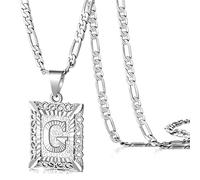 KissYan Initial Letter Pendant Necklace for Men Womens, 14K Gold Plated Square Capital Monogram Necklace Silver Alhpabets from A-Z Figaro Chain Necklace(36G)