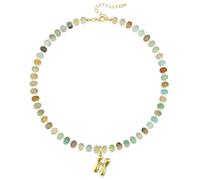 KissYan Initial Necklaces for Women, Colorful Beaded Gemstone Choker 14K Gold Bubble Letter Pendant Necklace Natural Stone Summer Beach Handmade Jewelry Gift, Copper, Amazonite