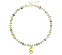 KissYan Initial Necklaces for Women, Colorful Beaded Gemstone Choker 14K Gold Bubble Letter Pendant Necklace Natural Stone Summer Beach Handmade Jewelry Gift, Copper, Amazonite