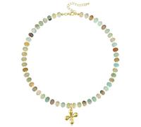 KissYan Initial Necklaces for Women, Colorful Beaded Gemstone Choker 14K Gold Bubble Letter Pendant Necklace Natural Stone Summer Beach Handmade Jewelry Gift, Copper, Amazonite