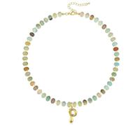 KissYan Initial Necklaces for Women, Colorful Beaded Gemstone Choker 14K Gold Bubble Letter Pendant Necklace Natural Stone Summer Beach Handmade Jewelry Gift, Copper, Amazonite