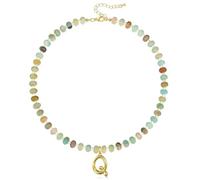 KissYan Initial Necklaces for Women, Colorful Beaded Gemstone Choker 14K Gold Bubble Letter Pendant Necklace Natural Stone Summer Beach Handmade Jewelry Gift, Copper, Amazonite