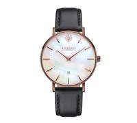 Kistanio Moyen Flat Women's Watch with Leather Strap Sapphire Glass 38 mm Diameter Stainless Steel Date Various Variations, Mocha / mother of pearl / black, Strap.