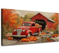 KISTIKAT Pumpkin Truck Canvas Wall Art, Vintage Red Pickup Autumn Landscape Canvas Prints, Fall Farmhouse Poster Painting, Rustic Wall Artwork Picture for Living Room Kitchen Decor 8x16 Inches