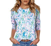 Kistore 3/4 Length Sleeve Women Tops 2025 Fashion Trends Ladies Blouses Summer Print Pleated T Shirts Classic Crewneck Blouse S