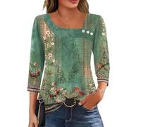 Kistore 3/4 Sleeve Top Women's Summer Clothing Spring Three Quarter Sleeve Tops Ladies Blouses Asymmetrical Neck T-Shirts Boho Green XL