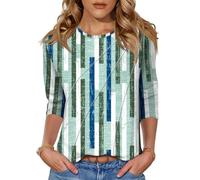 Kistore Ladies 3/4 Sleeve Tops Summer Going Out for Women UK Basic Crewneck Pleated Tunic Blouses Womens Outfits Green Color Block S