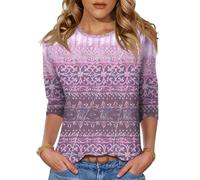 Kistore Ladies Summer Tops 3/4 Sleeve Blouses for Women Office Work Casual Round Neck T Shirts 2025 Fashion Boho Pink M