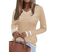 Kistore Long Sleeve Top Womens V Neck Cable Knit Jumper Tunic Tops Size L | Oversized Jumpers,Color Block Pullover,Apricot Jumpers