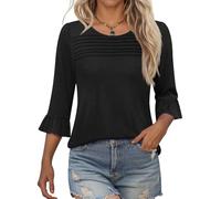 Kistore Summer 3/4 Length Elbow Sleeve Blouses for Womens Spring Going Out Tops for Women UK Classic Crew Neck Shirts Black S