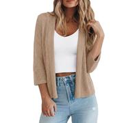 Kistore Women's 3/4 Sleeve Kimono Cardigan Sweaters Open Front Shrugs Hollow Out Mesh Knit Loose Fit Kimonos Coat Khaki S