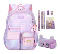 kistou Girls Backpack, School Backpacks Rainbow,Kawaii Kids Backpack,Book Bag for Elementary Primary School With Pen Bag, Purple Rainbow, 16.1 x 6.3 x 11.8 inches