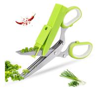 Kisuomaoyi Herb Scissors, Multifunctional 5 Blade Kitchen Scissors with Lid and Cleanup Comb, Stainless Steel Shears for Chopping Chives and Parsley (Green&White)