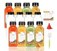 Kiswleon 12oz/360ml Plastic Juice Bottles with Lids 12PCS,Empty Mini Water Bottles with Label, Funnel and Brush,Reusable Bulk Beverage Drink Containers for Smoothie,Fridge,Juice