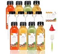 Kiswleon 16oz/480ml Plastic Juice Bottles with Lids 12PCS,Empty Mini Water Bottles with Label, Funnel and Brush,Reusable Bulk Beverage Drink Containers for Smoothie,Fridge,Juice